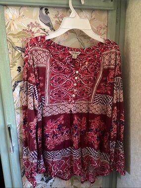 Lucky Brand Maroon and White Printed Peasant Tunic